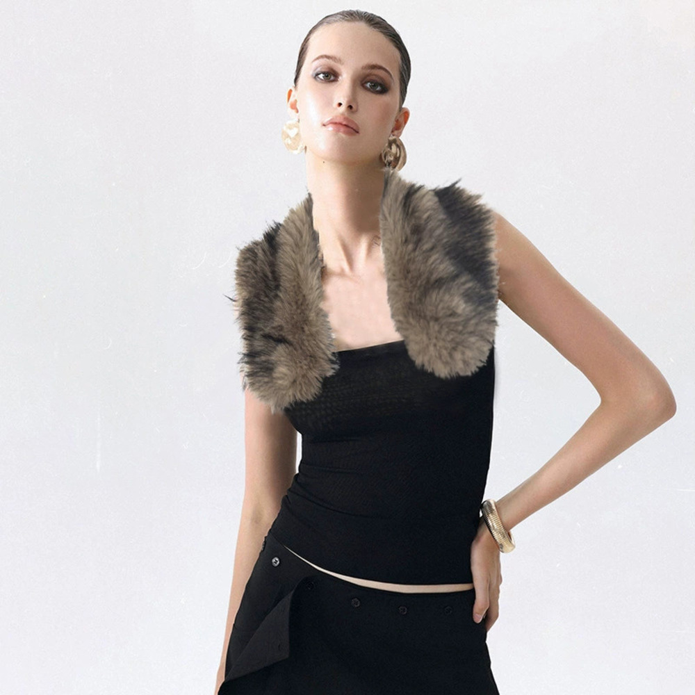 Zara Summer Backless Waist Cinching Crop Top Patchwork Fur Collar